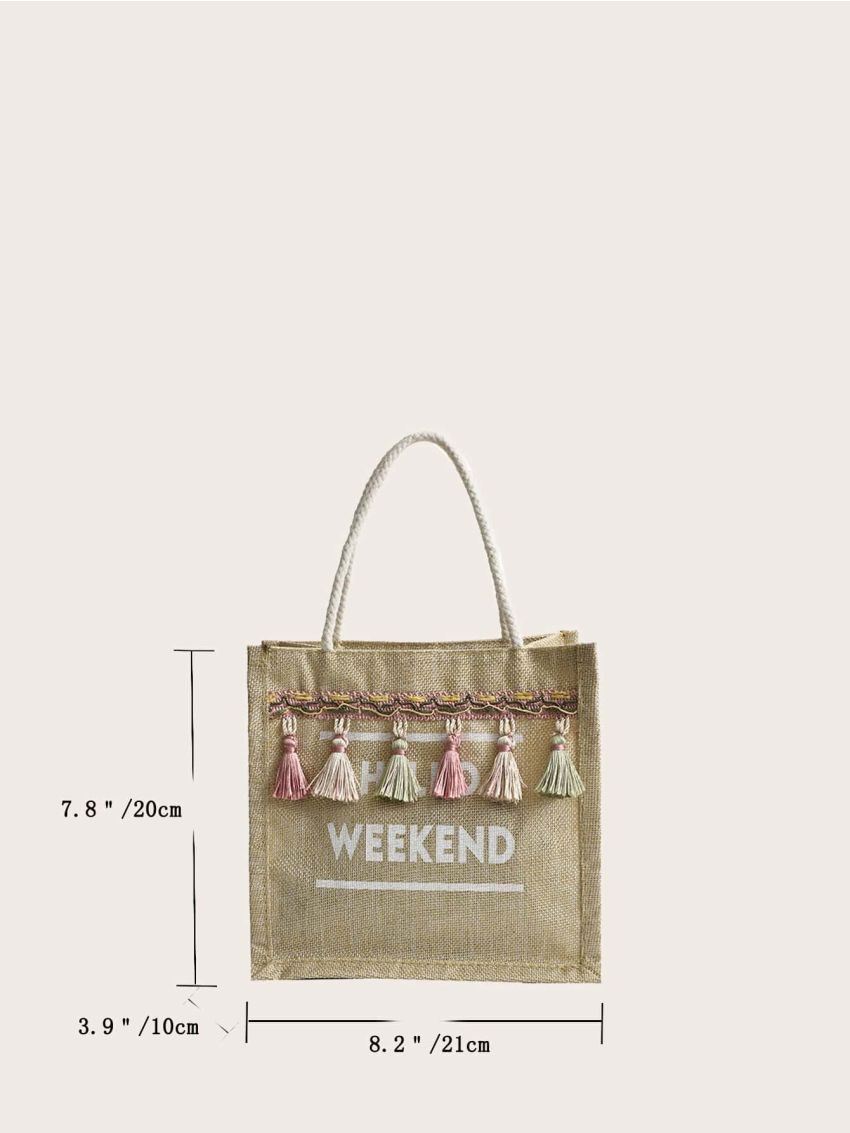 Slogan Graphic Tassel Decor Shopper Bag