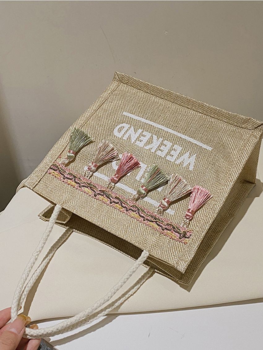 Slogan Graphic Tassel Decor Shopper Bag