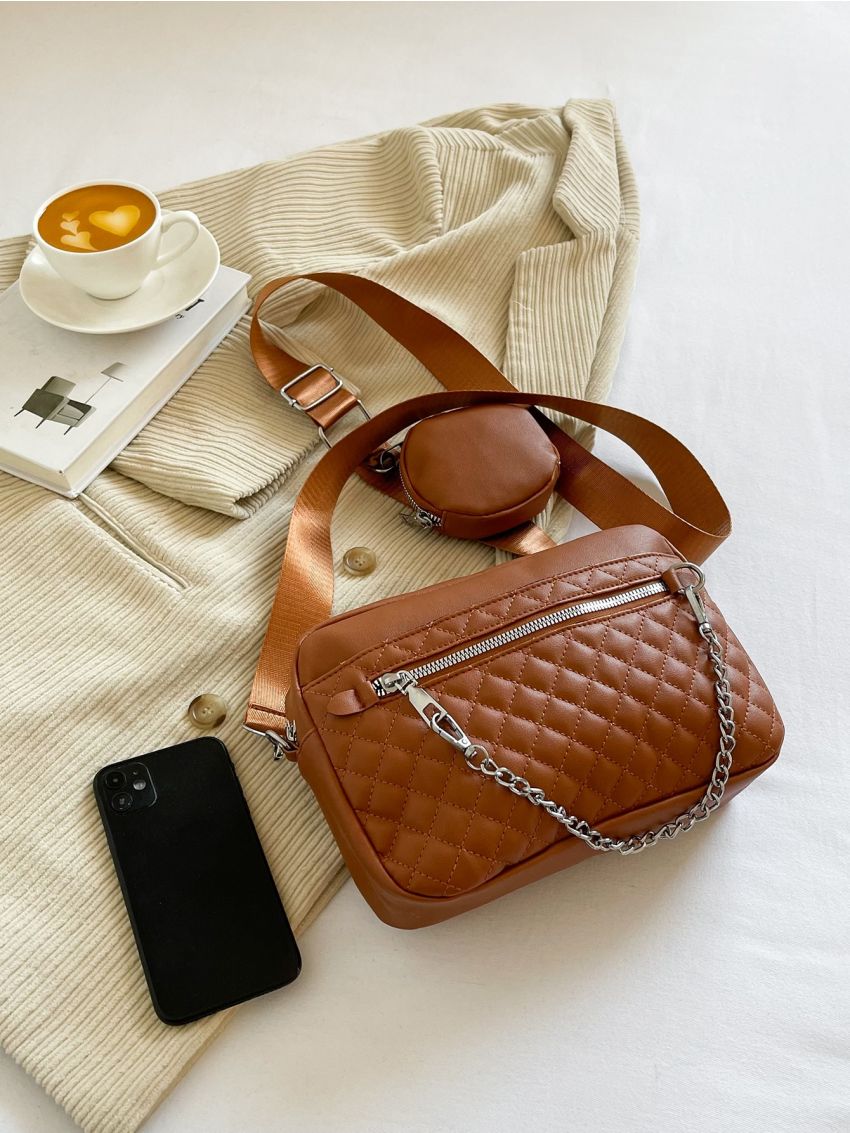 Quilted Chain Decor Square Bag With Coin Purse