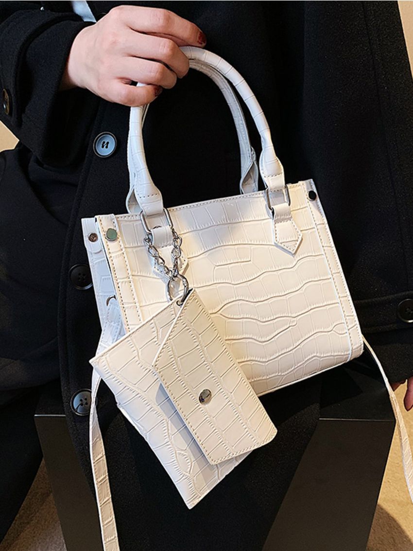 Crocodile Embossed Square Bag With Small Pouch