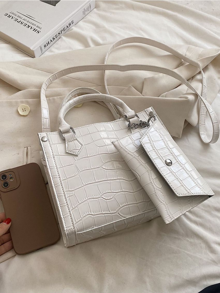 Crocodile Embossed Square Bag With Small Pouch
