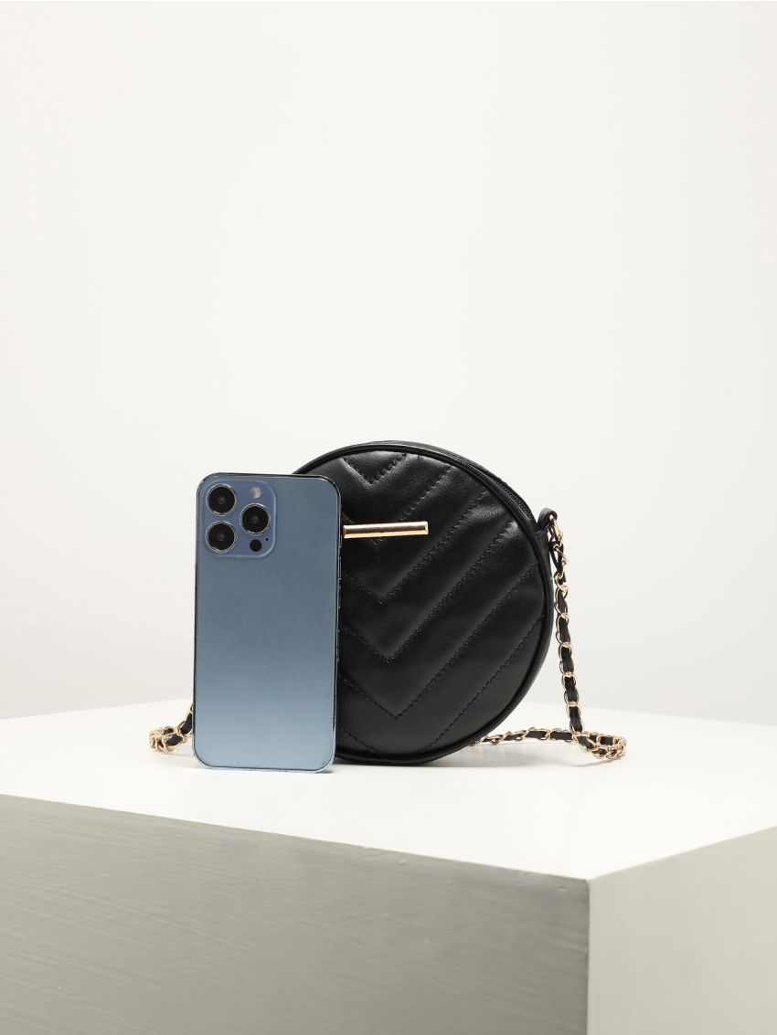 Mini Chevron & Metal Detail Chain Circle Bag
