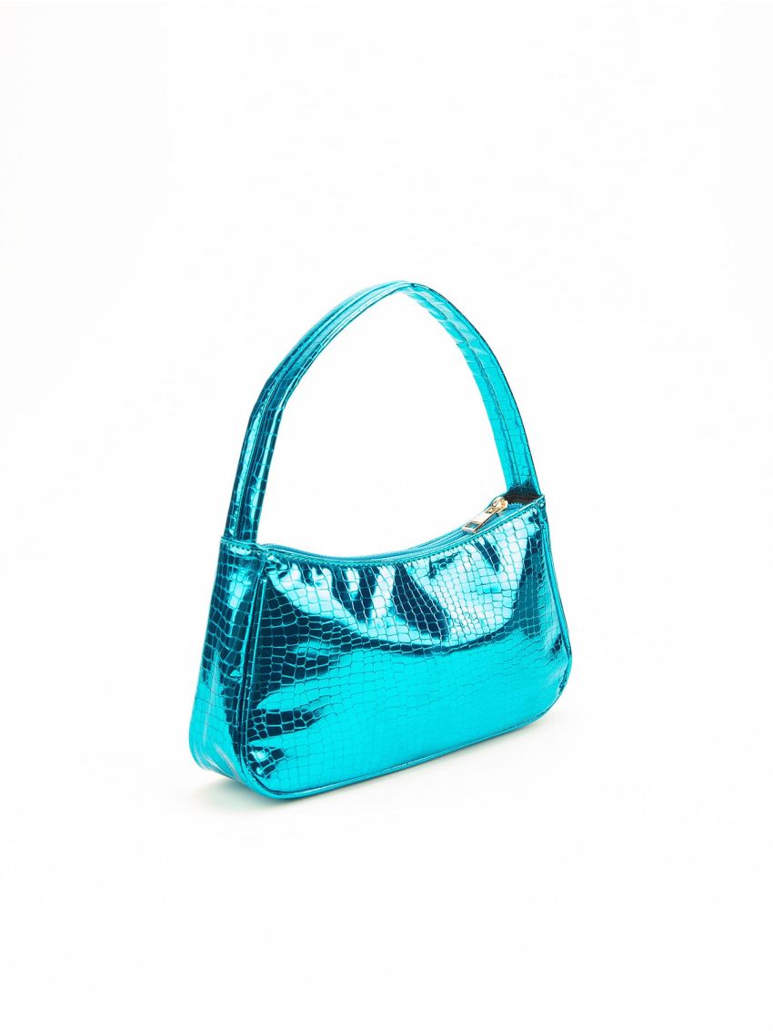 Metallic Crocodile Embossed Baguette Bag