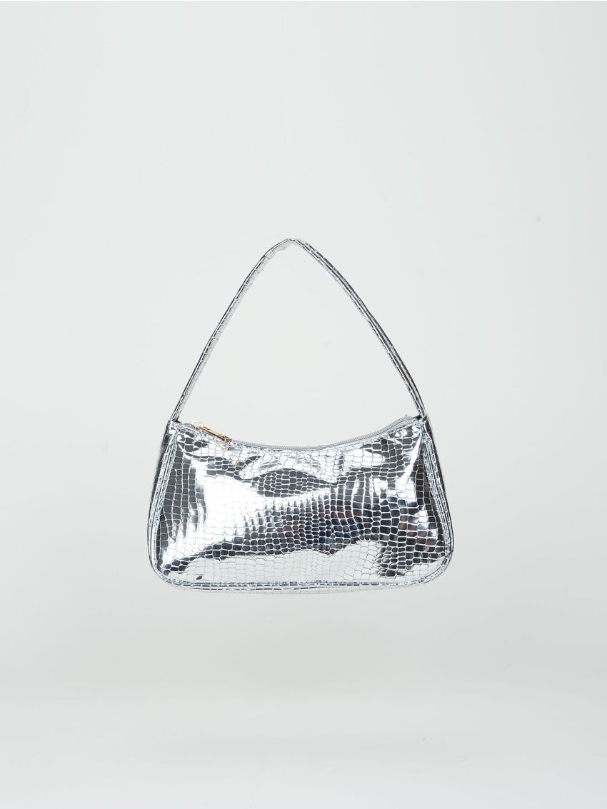 Metallic Crocodile Embossed Baguette Bag