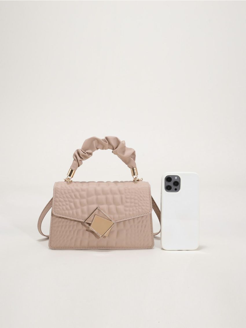 Crocodile Embossed Ruched Top Handle Flap Square Bag