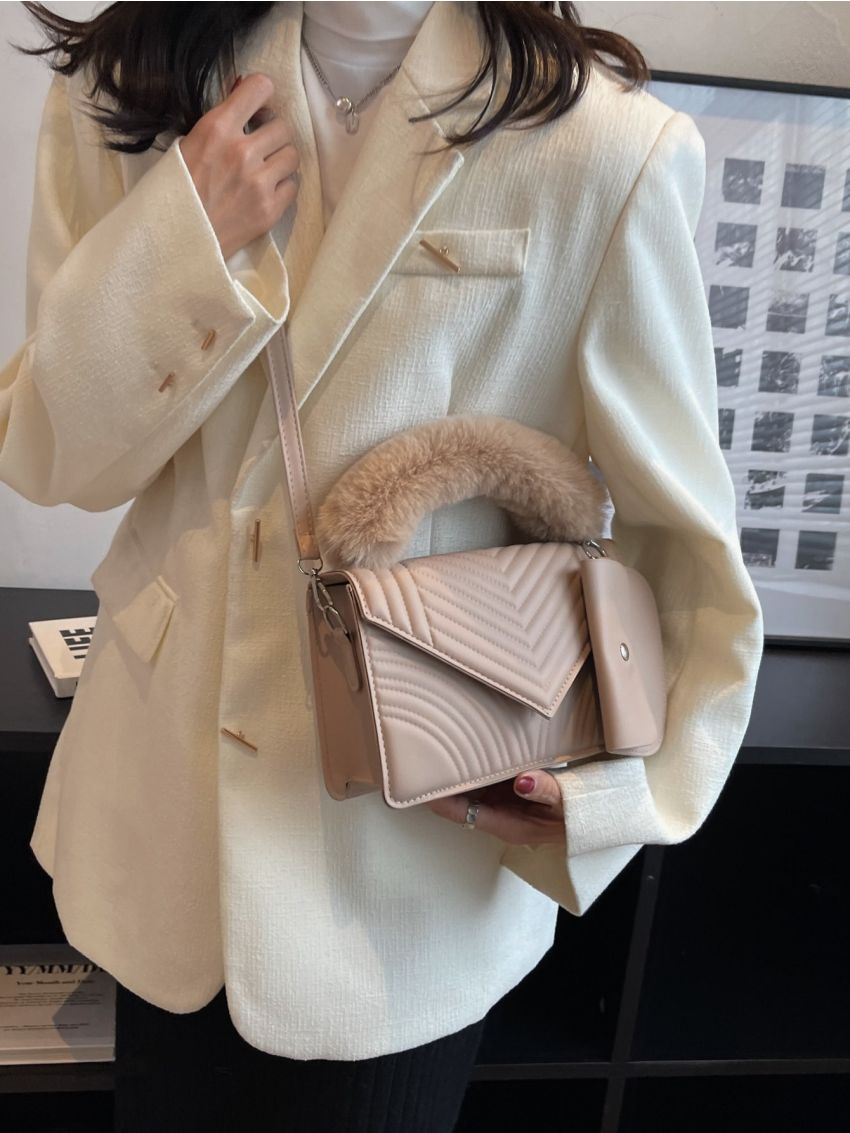 Quilted Detail Fuzzy Top Handle Flap Square Bag With Coin Purse