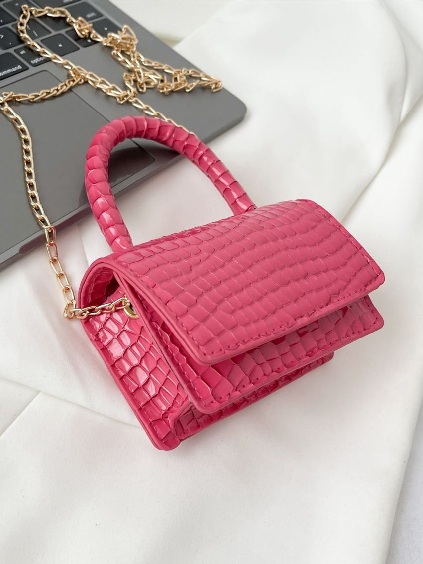 Mini Neon Pink Crocodile Embossed Chain Square Bag
