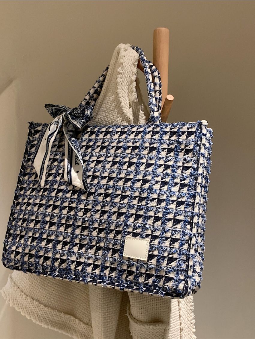 Plaid Pattern Twilly Scarf Decor Shoulder Tote Bag Classic Tweed Plaid Tote Bag With Twilly Scarf Decor, Large Capacity