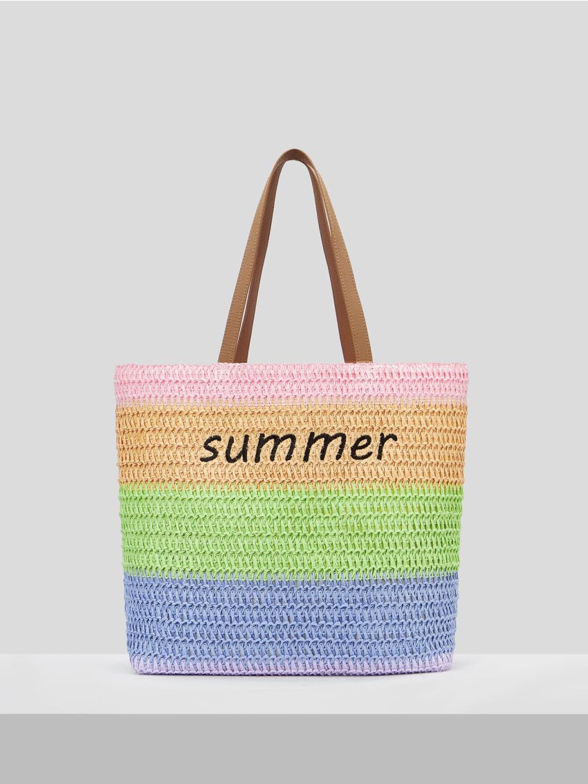 VCAY Letter Graphic Cold Shoulder Straw Bag