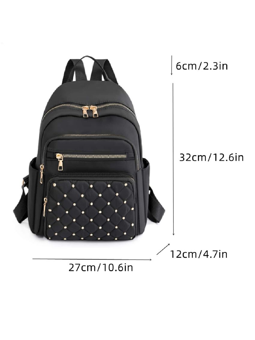 Argyle Quilted Zipper Backpack Purse, Large Capacity Studded Decor Bookbag, Casual Laptop Bag Studded Decor Quilted Functional Backpack, Mothers Day Gift For Mom