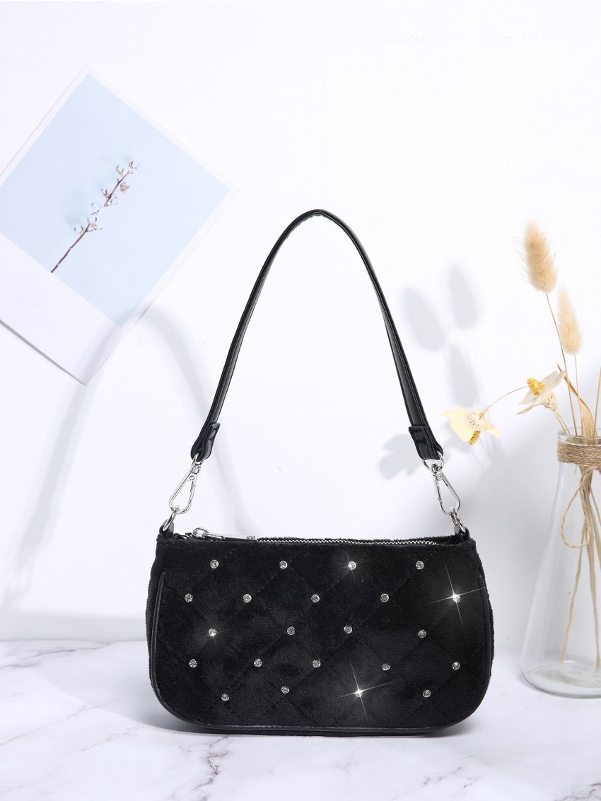 Mini Rhinestone Decor Quilted Baguette Bag
