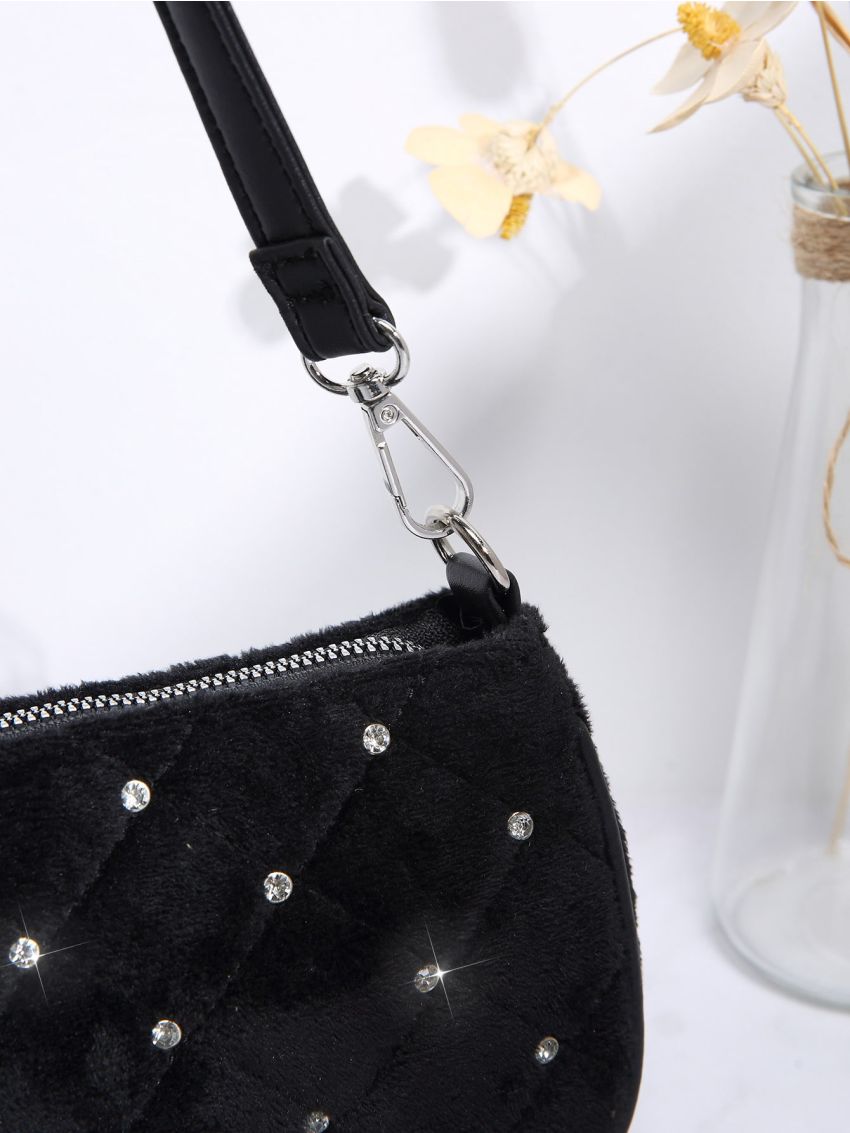 Mini Rhinestone Decor Quilted Baguette Bag