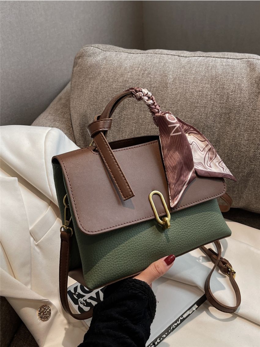 Two Tone Twilly Scarf Decor Flap Square Bag