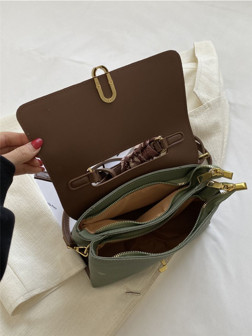 Two Tone Twilly Scarf Decor Flap Square Bag