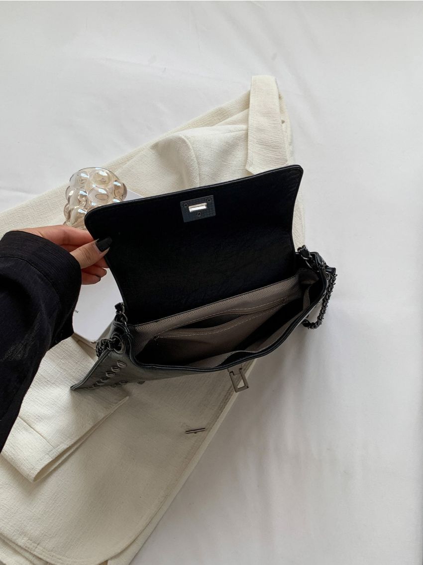 Studded Decor Metal Lock Flap Chain Square Bag
