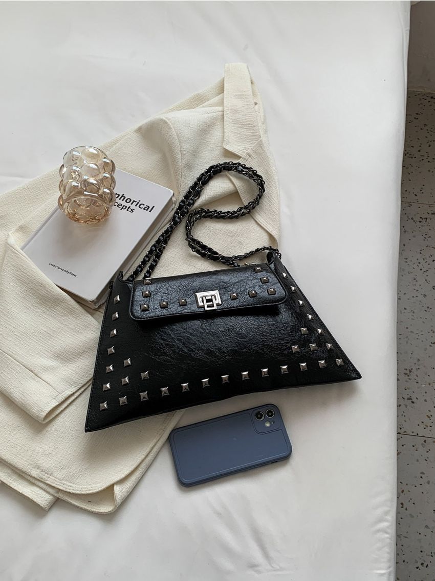 Studded Decor Metal Lock Flap Chain Square Bag