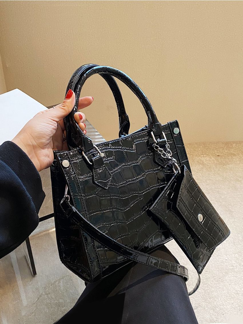 Crocodile Embossed Double Handle Square Bag With Coin Purse