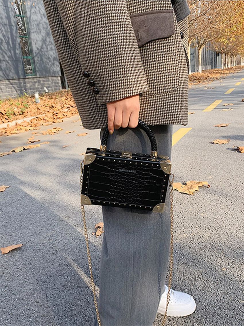 Mini Crocodile Embossed Letter Graphic Studded Decor Chain Box Bag