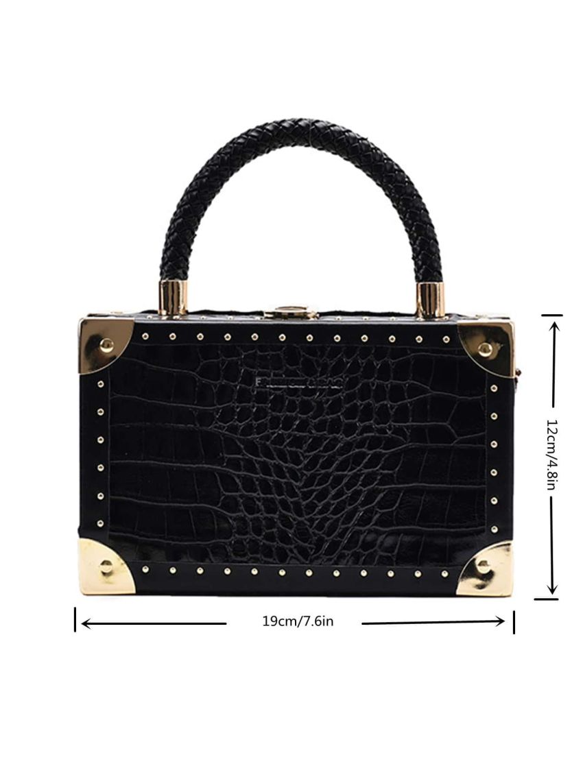 Mini Crocodile Embossed Letter Graphic Studded Decor Chain Box Bag