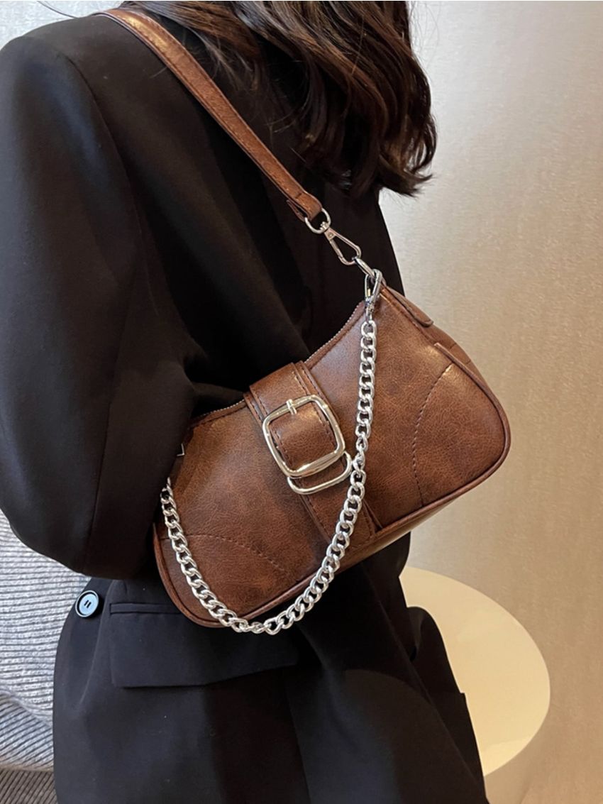 Buckle Decor Chain Baguette Bag