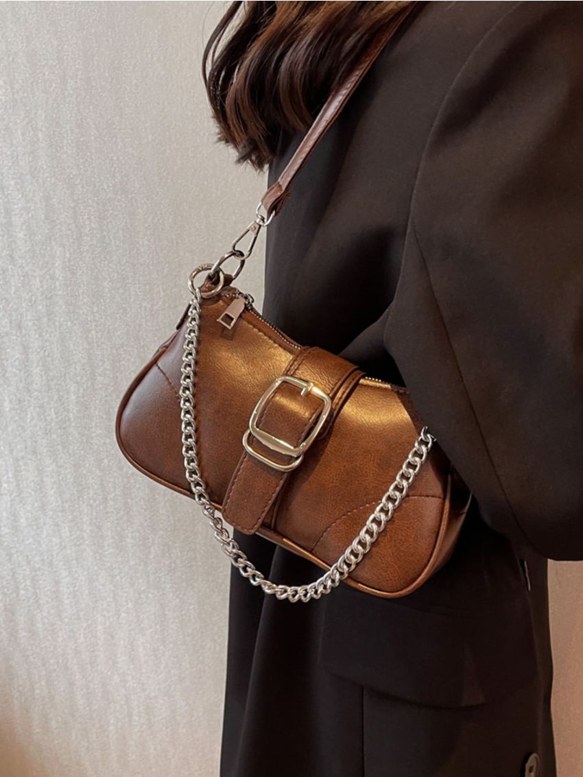 Buckle Decor Chain Baguette Bag