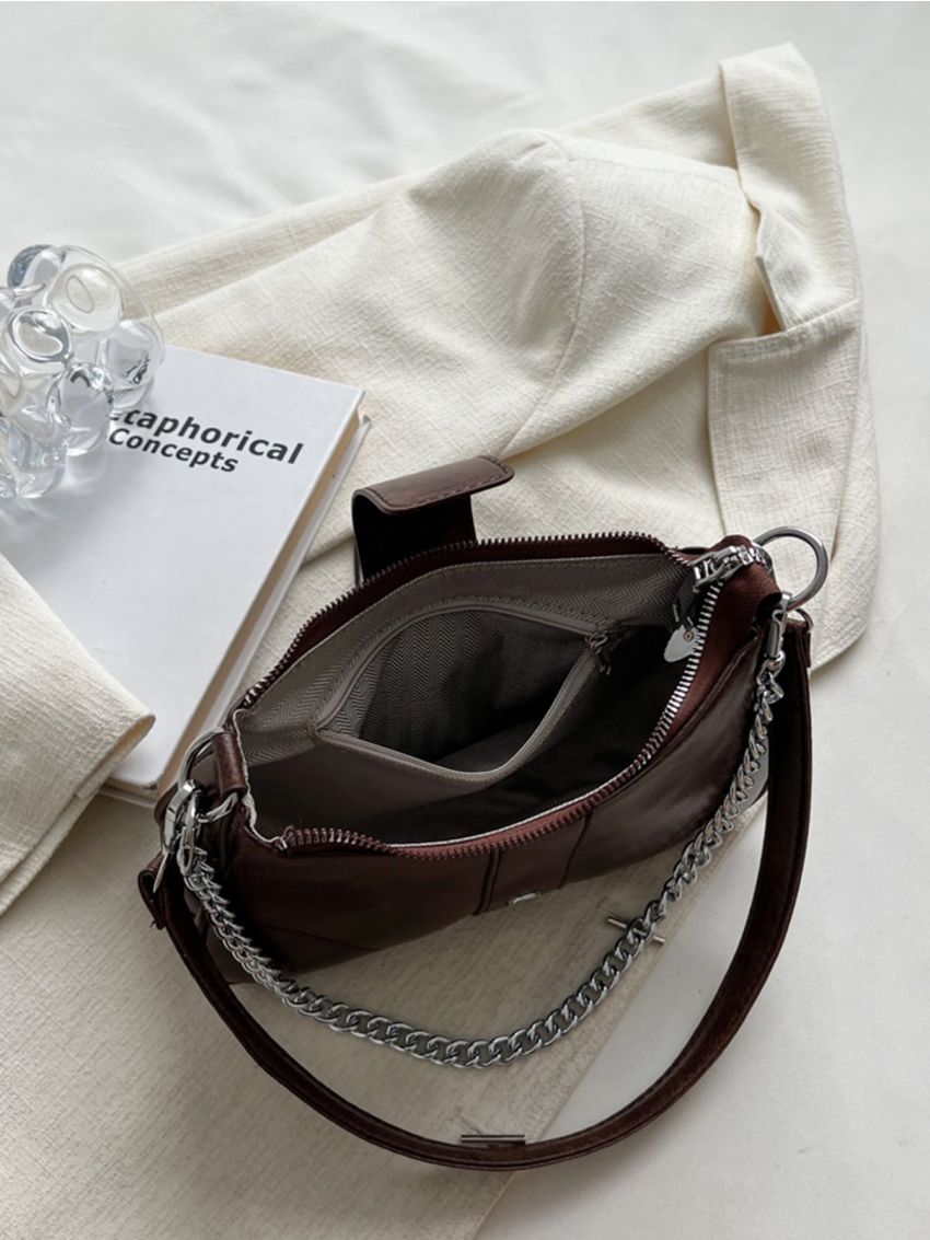 Buckle Decor Chain Baguette Bag