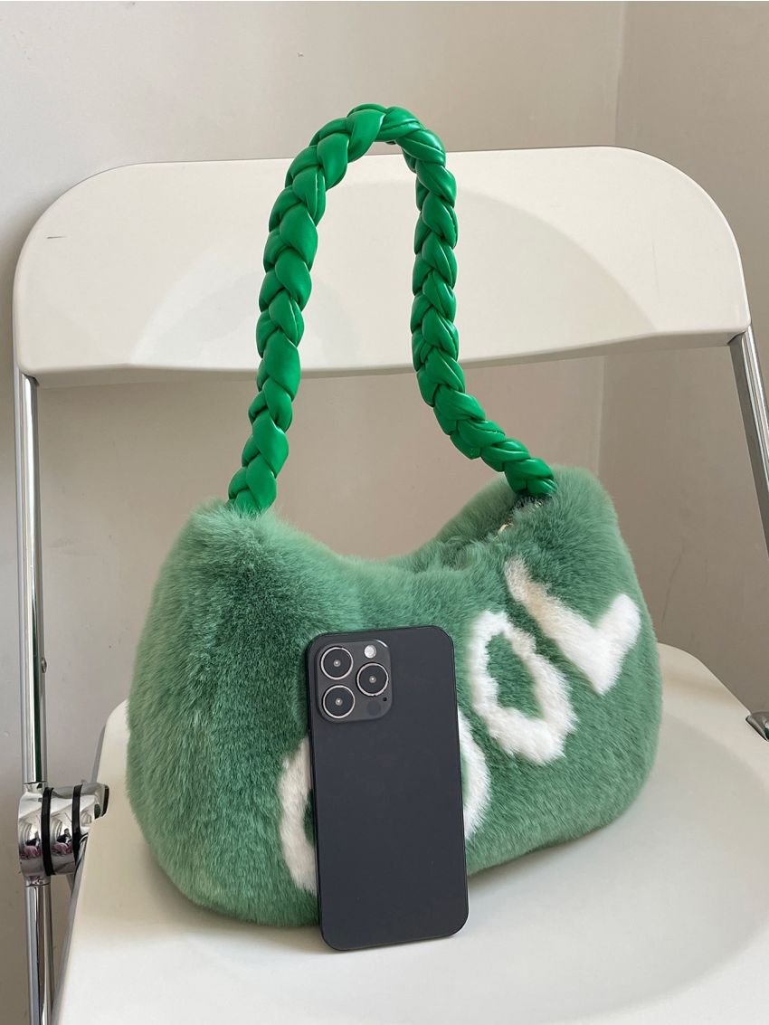 Letter Graphic Fluffy Hobo Bag