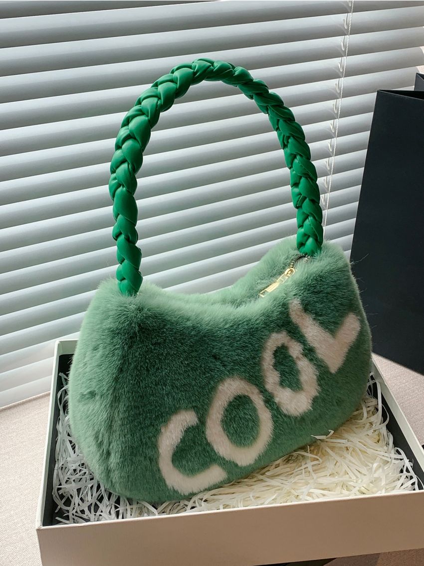 Letter Graphic Fluffy Hobo Bag