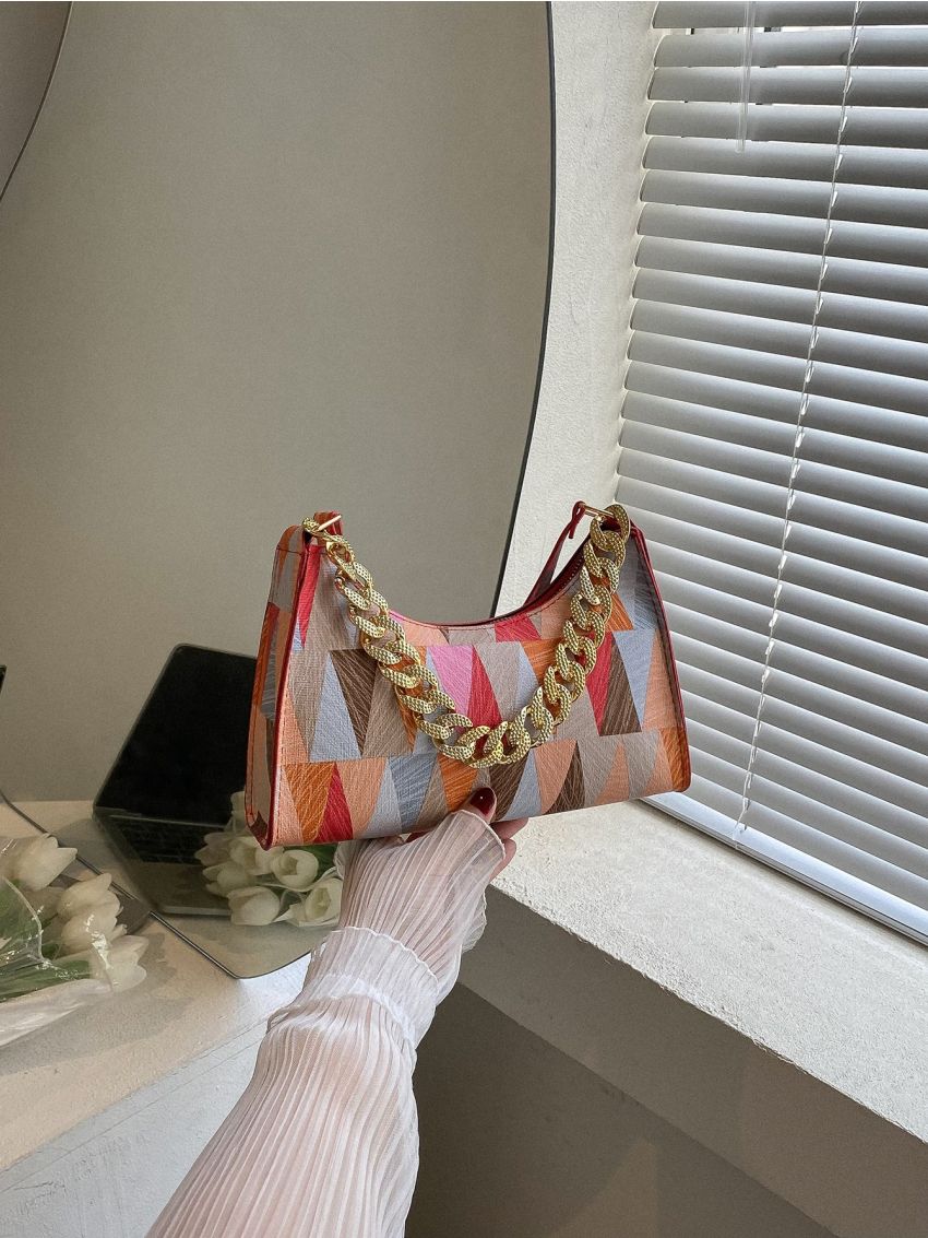 Geometric Pattern Chain Baguette Bag