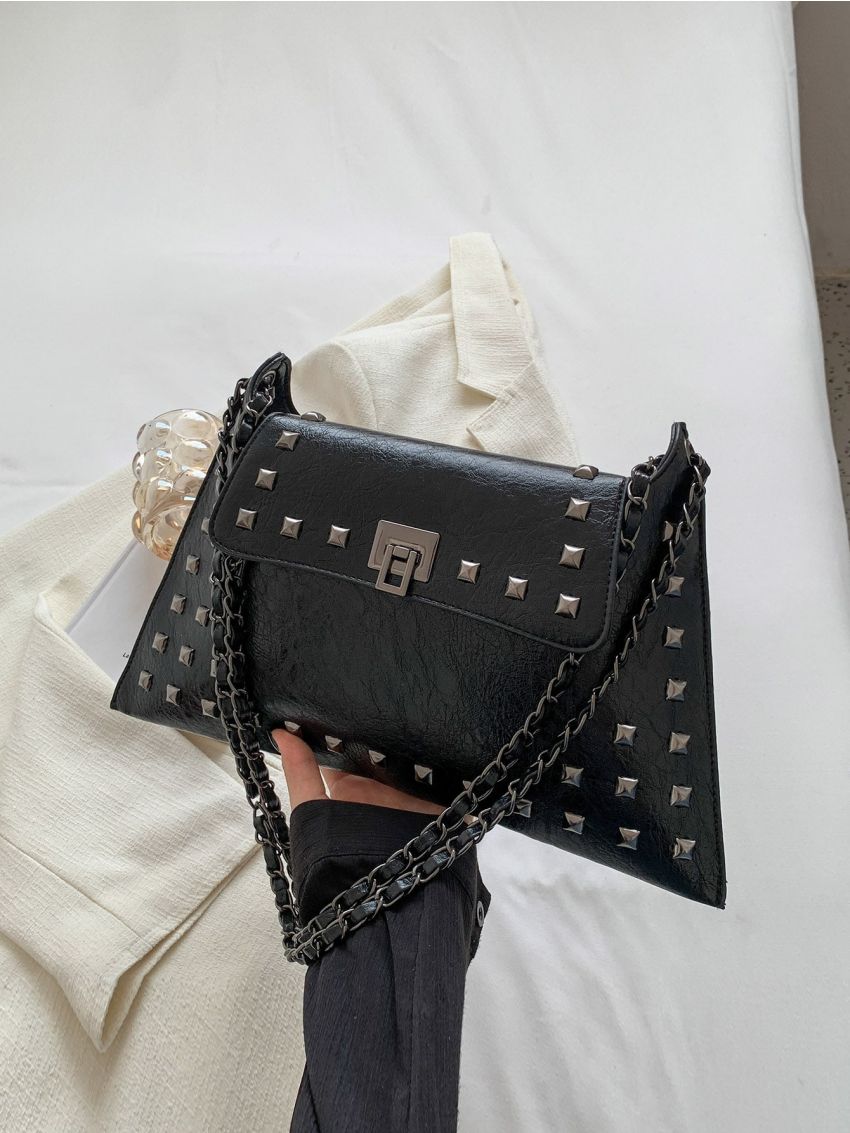 Studded Decor Metal Lock Flap Chain Square Bag