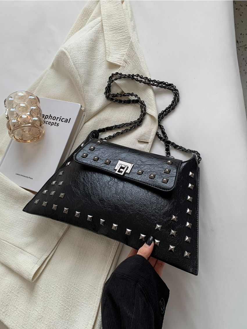 Studded Decor Metal Lock Flap Chain Square Bag