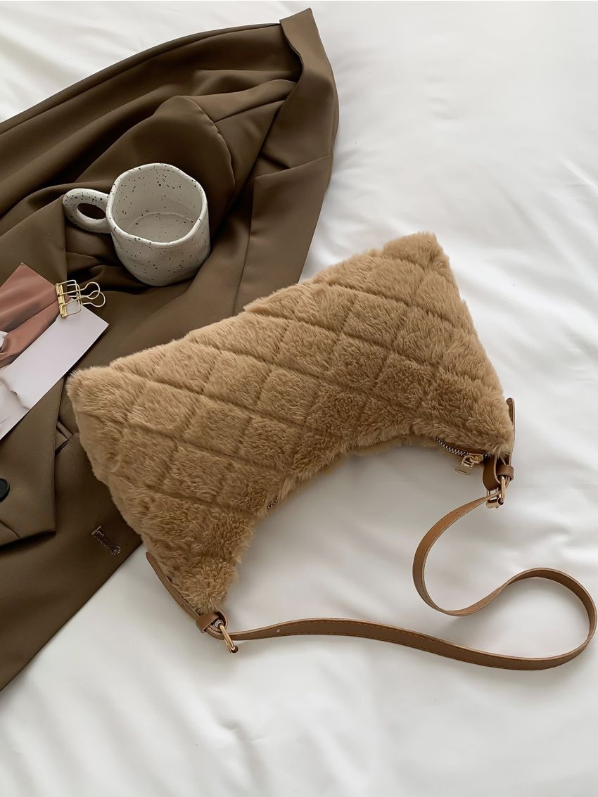 Argyle Quilted Fuzzy Hobo Bag