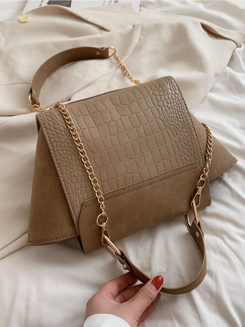 Crocodile Embossed Flap Square Bag