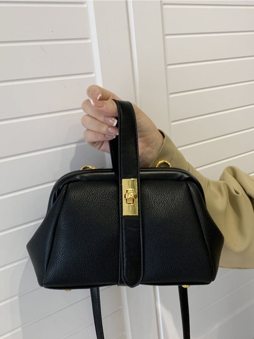 Twist Lock Litchi Embossed Satchel Bag