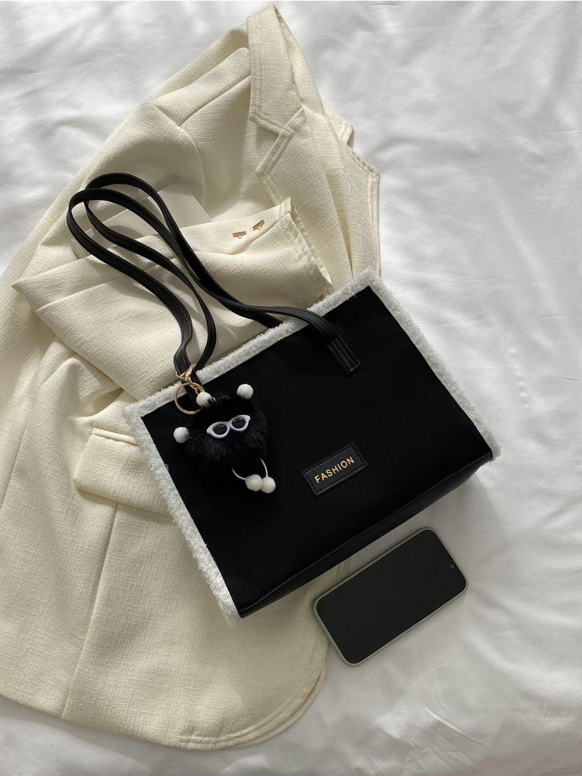 Letter Patch Decor Fuzzy Trim Square Bag