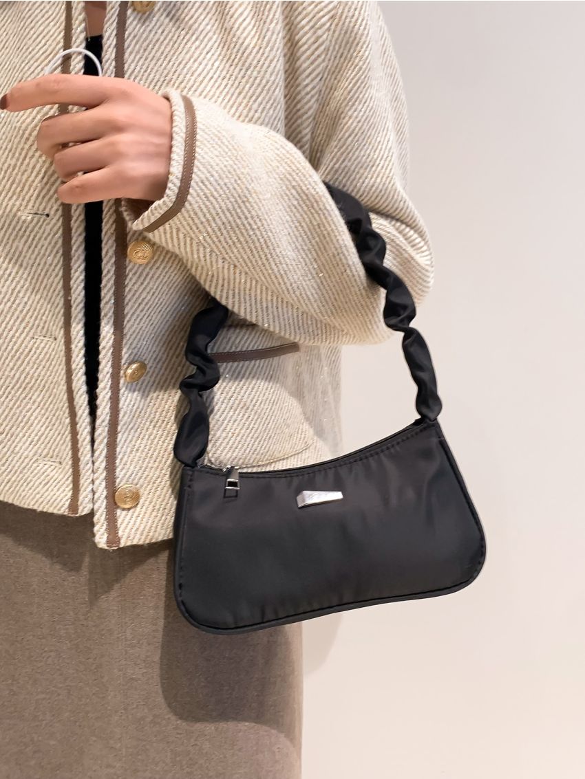 Metal Decor Ruched Detail Baguette Bag