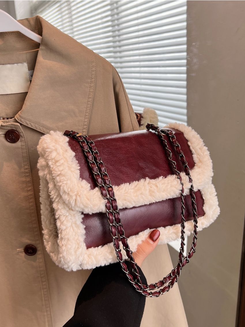 Fuzzy Panel Flap Chain Square Bag