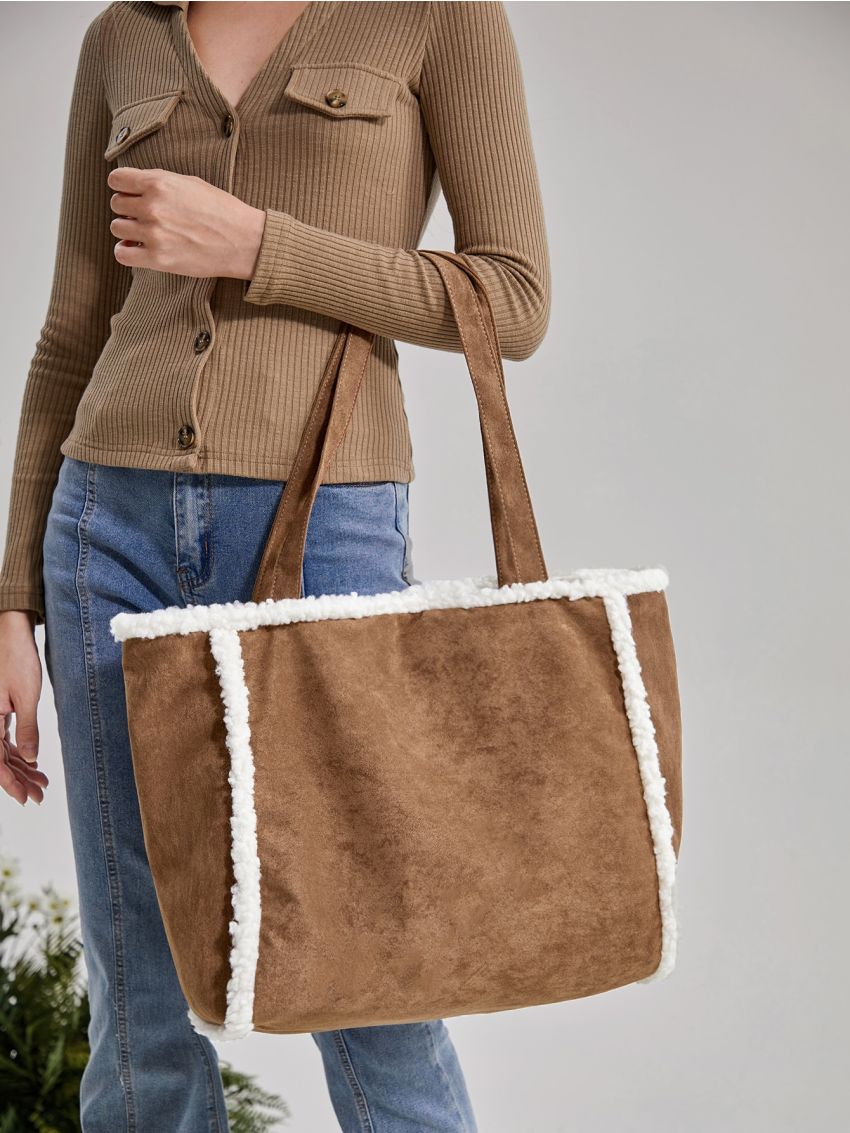 evolu  Fuzzy Trim Shoulder Tote Bag