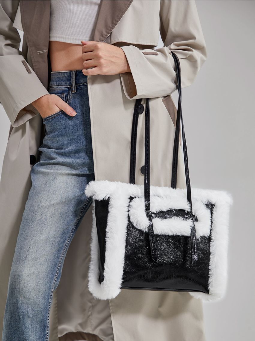 evolu  Two Tone Fuzzy Trim Square Bag