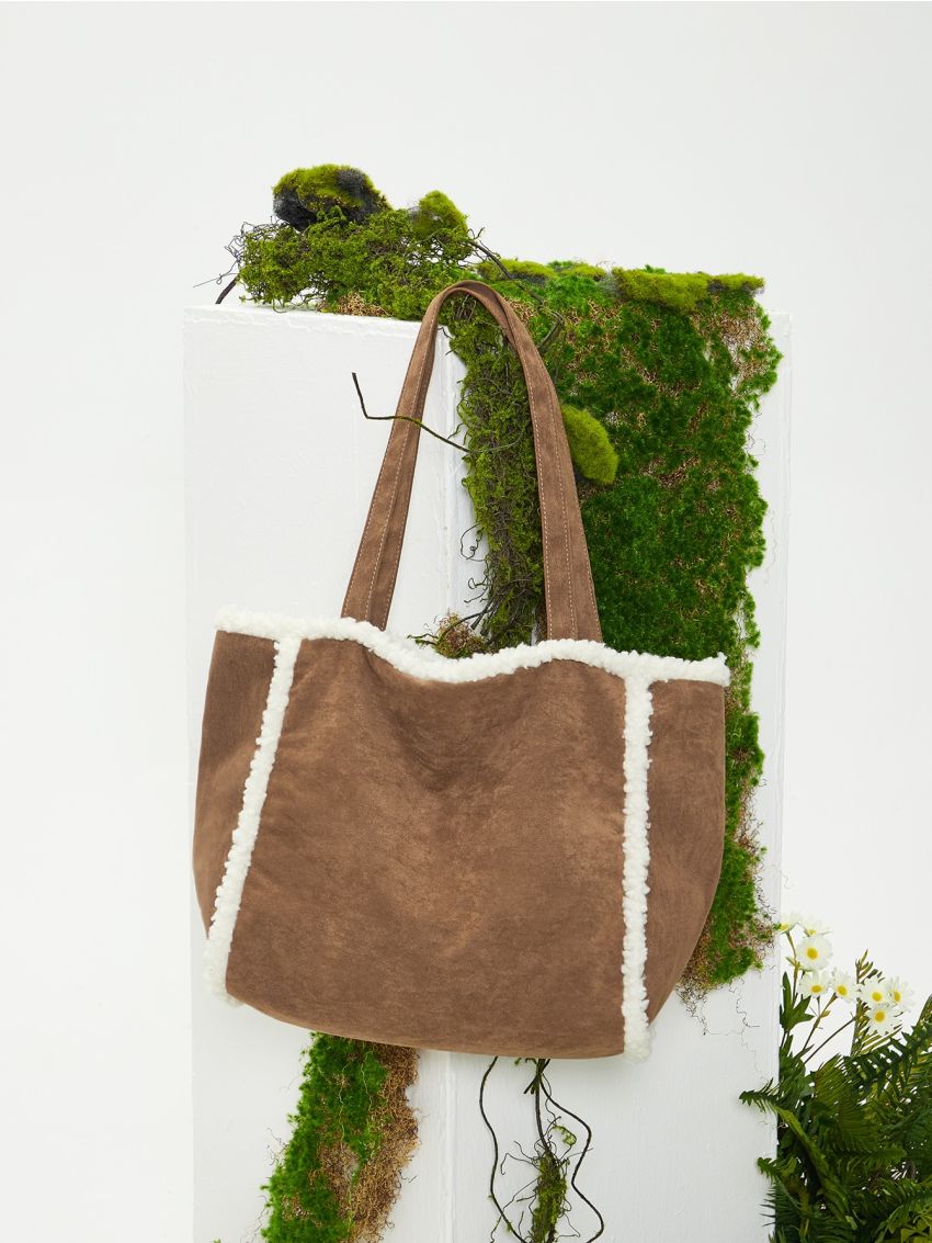 evolu  Fuzzy Trim Shoulder Tote Bag