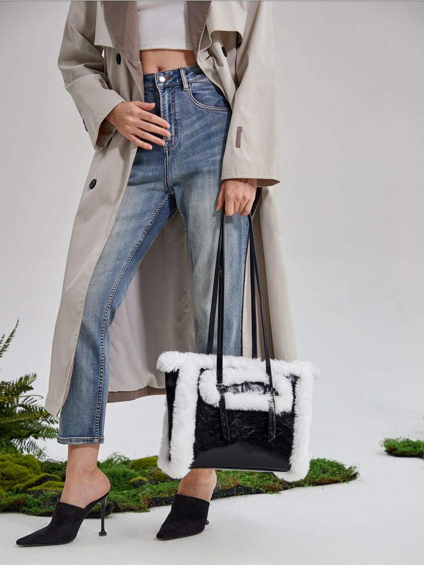 evolu  Two Tone Fuzzy Trim Square Bag