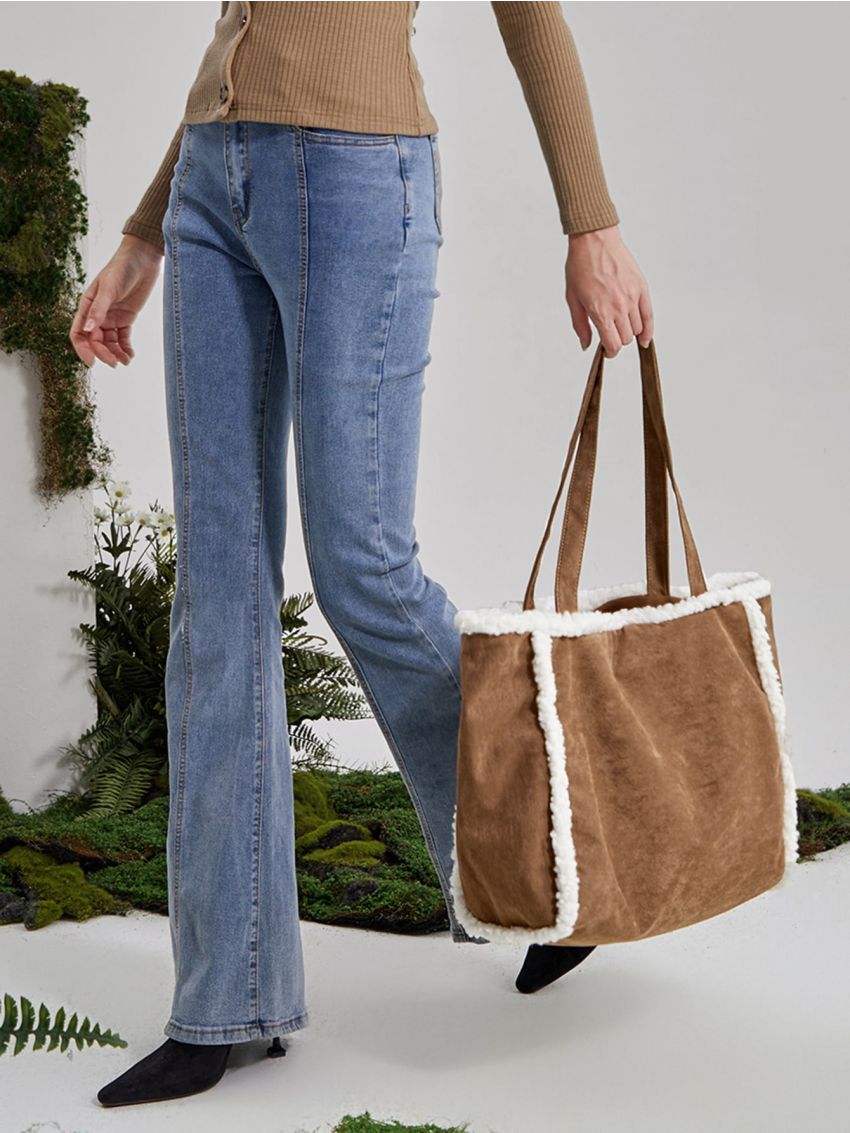 evolu  Fuzzy Trim Shoulder Tote Bag
