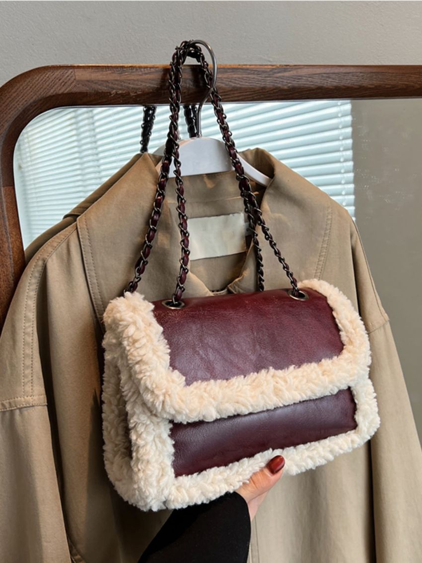 Contrast Fluffy Flap Square Bag