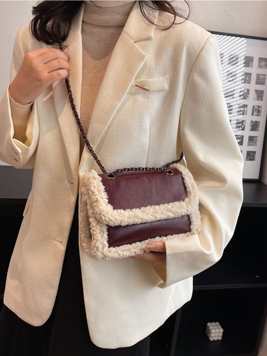Contrast Fluffy Flap Square Bag