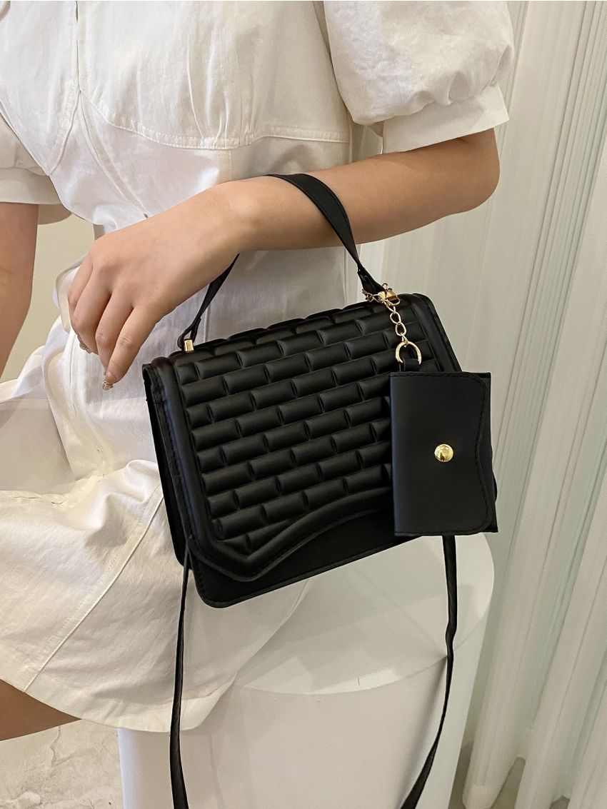 Minimalist Geometric Embossed Flap Square Bag With Small Pouch