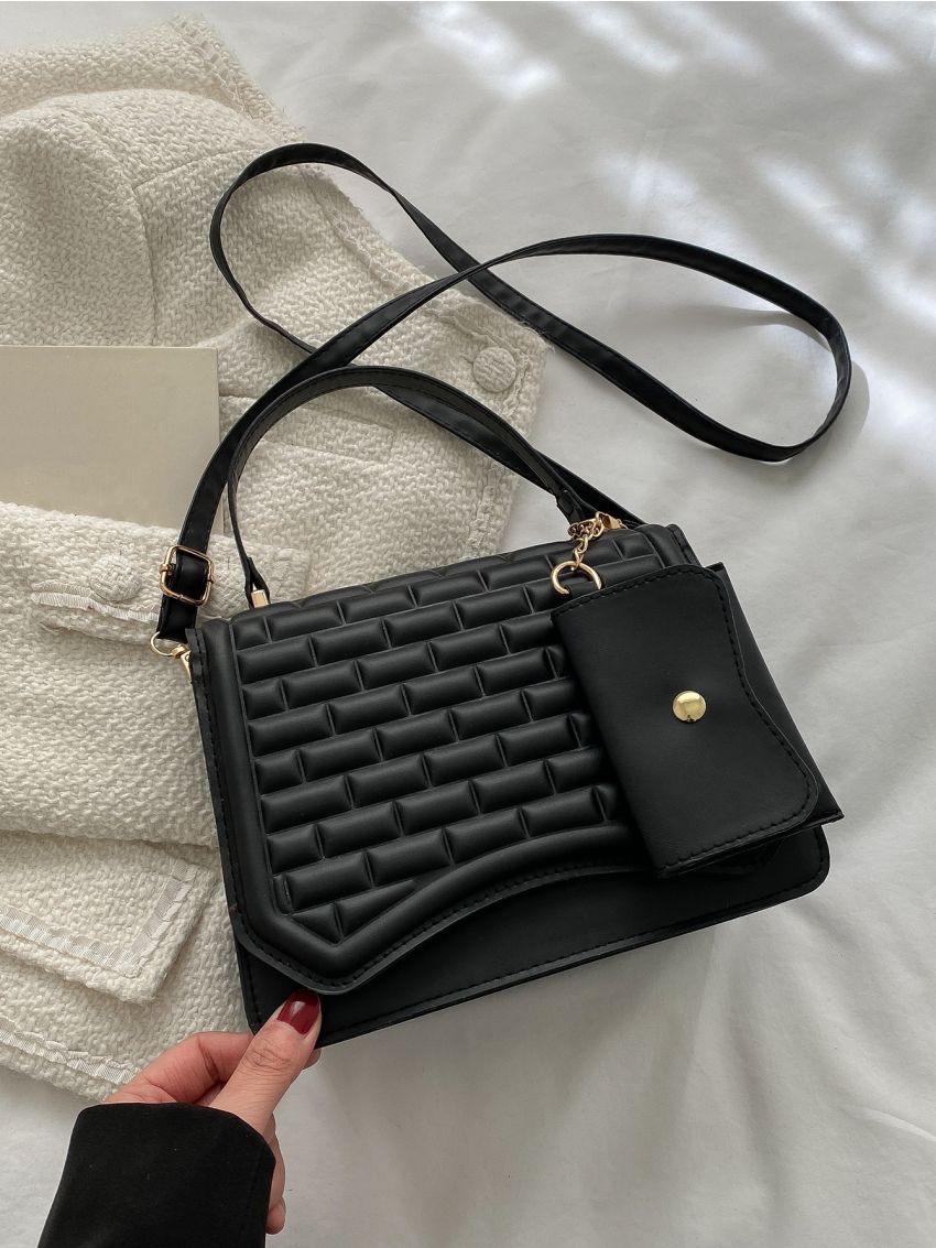 Minimalist Geometric Embossed Flap Square Bag With Small Pouch