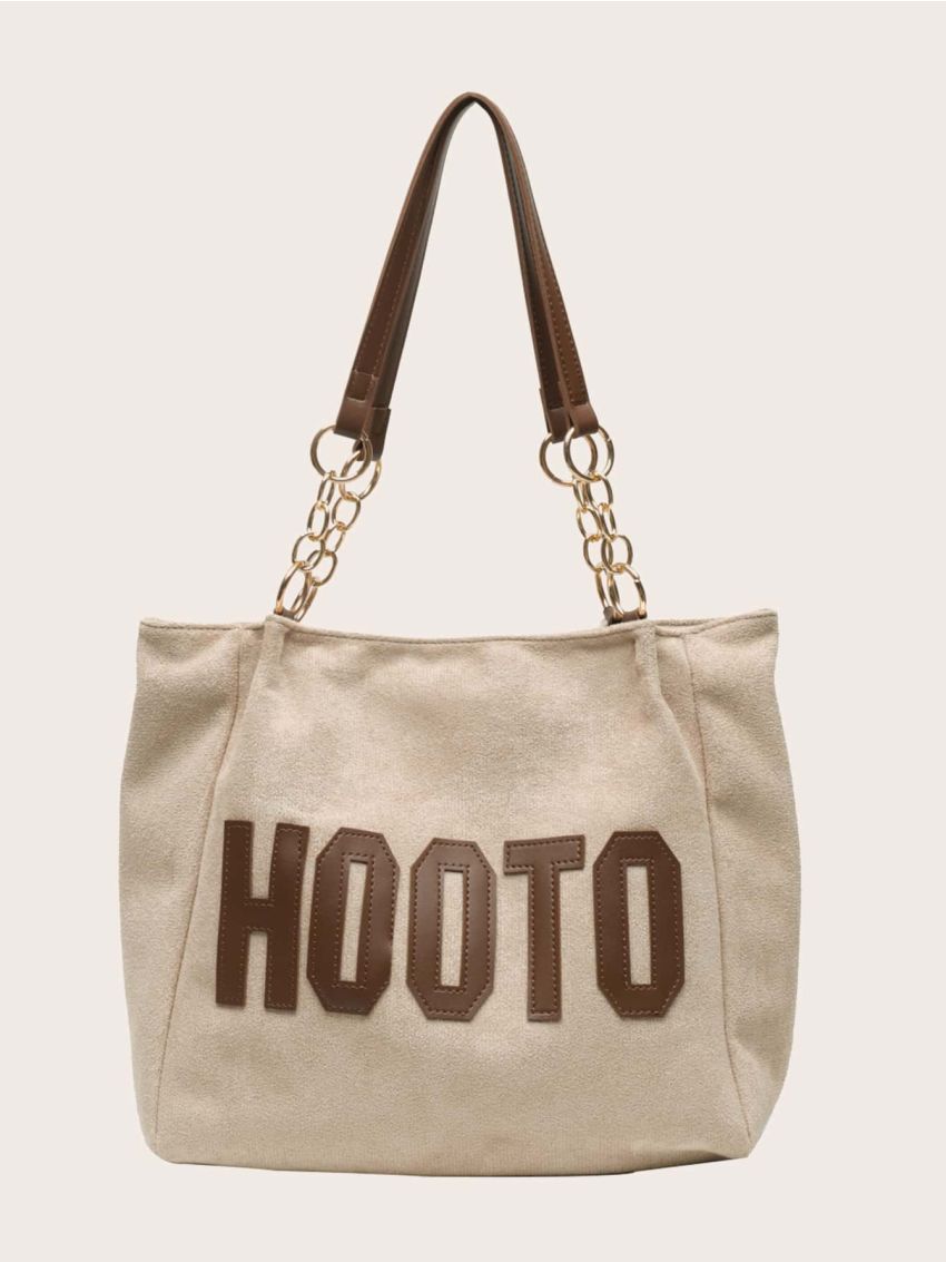 Letter Patch & Chain Decor Shoulder Tote Bag