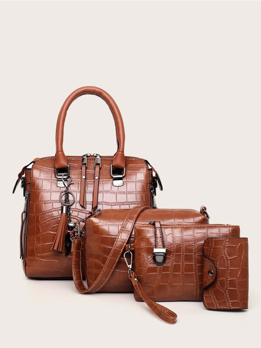 4pcs Tassel Decor Crocodile Embossed Square Bag Set