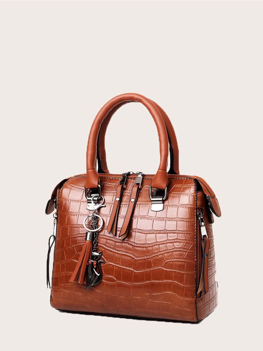 4pcs Tassel Decor Crocodile Embossed Square Bag Set