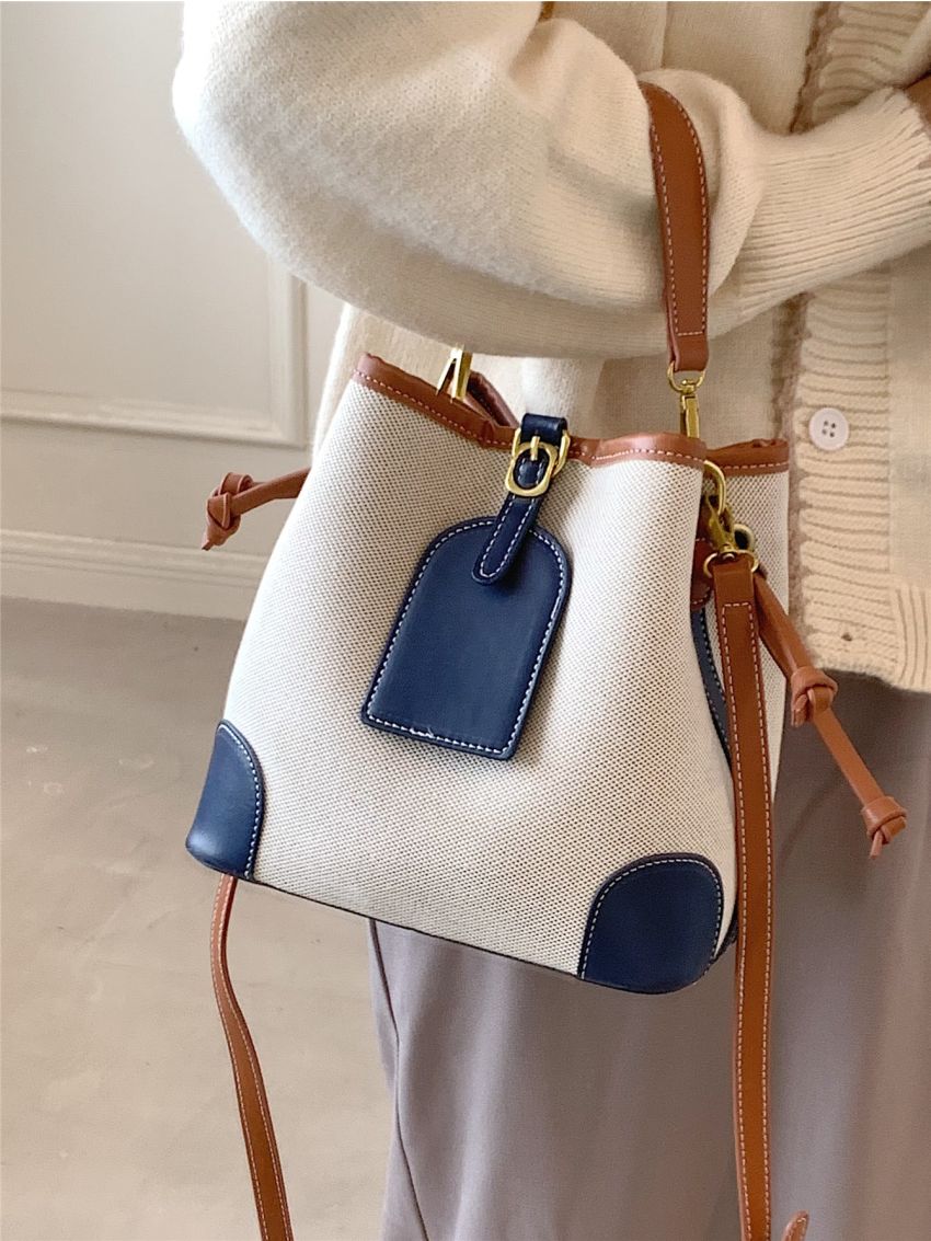 Colorblock Contrast Binding Buckle Decor Bucket Bag